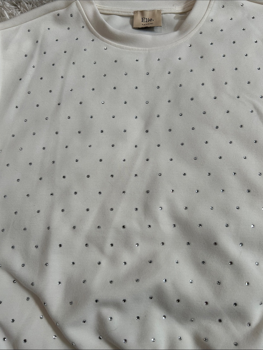 Tahari Ivory Crewneck Sweatshirt with Silver Studs